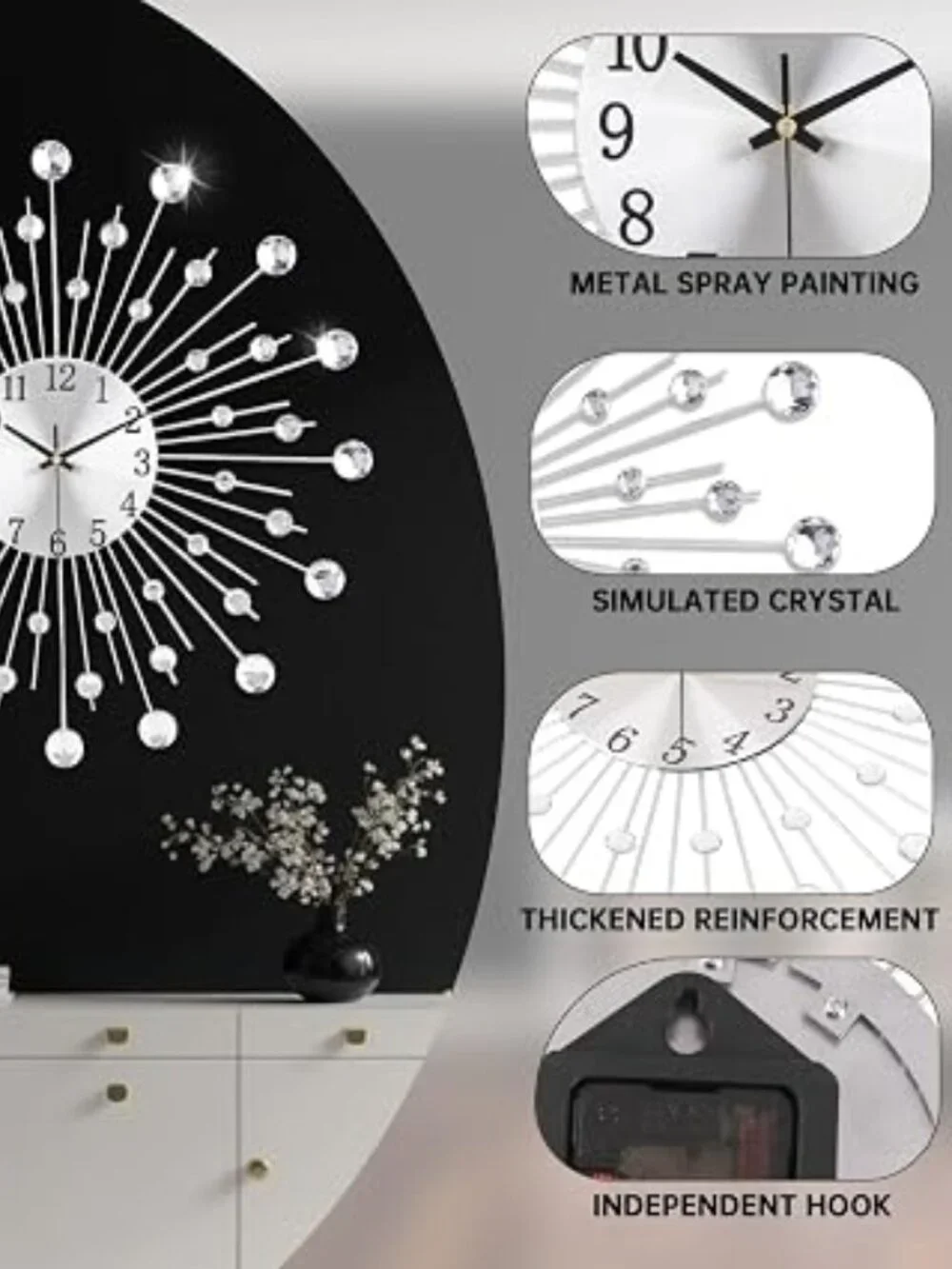 Large Wall Clock for Living Room Decor Non-Ticking Quiet Metal Quartz Clocks Mod